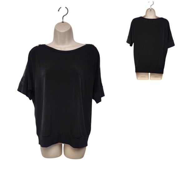 CHICO'S Wome's Boat Neck Short Sleeve Blouse Color Black Size 1-M (8-10) - Picture 1 of 9